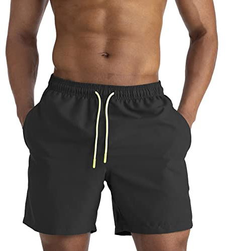EDOTON Bañadores Hombre, Pantalones Cortos de Baño Ligeros de Secado Rápido para Hombre Pantalones Cortos de Baño para Hombre con Cintura Ajustable y Bolsillos/Natación/Surf/Informal (L, Negro)