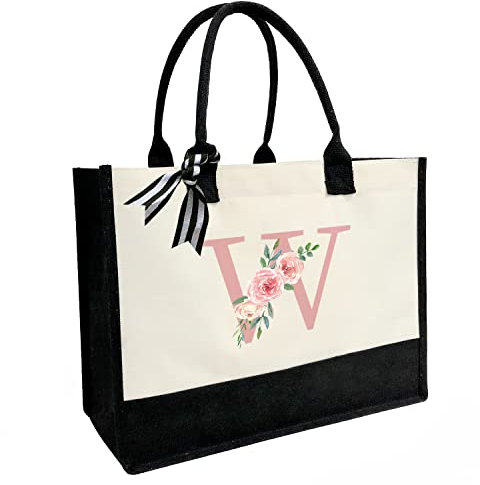 Sac de plage en toile personnalisé avec initiale, sac fourre-tout en toile avec poche intérieure zippée, double bandoulière, sac en jute monogrammé pour le travail quotidien et les voyages, Taille