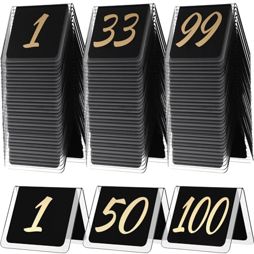 Suzile Numeri da tavolo da 1 a 100, 100 pezzi, in acrilico dorato, 8 x 7 cm, per ricevimenti, banchetti, ristoranti e matrimoni (nero e oro)