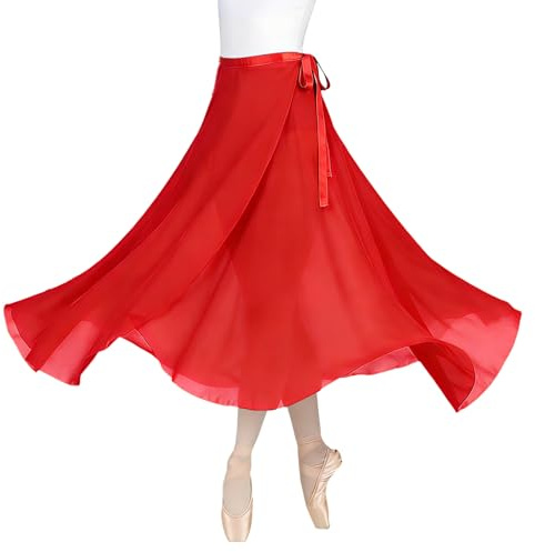 Baisdan Women Ballet Wrap Skirt Chiffon Sheer Long Ballet Dance Skirt Dancewear Red