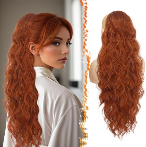 BARSDAR Pferdeschwanz Haarteil Kupfer Rot, 66cm Pferdeschwanz Haarverlängerung für Damen Lang Lockige Wellige Zopf Extensions Synthetik Clip in Ponytail Extension - Cowboy Kupfer Rot
