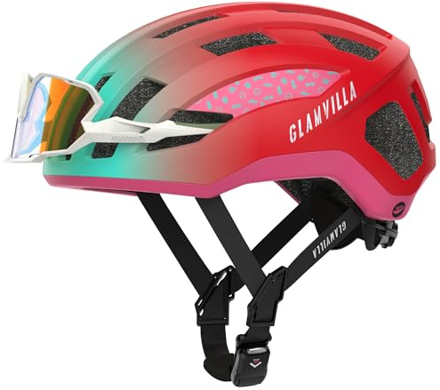 GLAMVILLA Casco da bici da corsa per uomo e donna, da città, da trekking, professionale, ultra leggero, ventilato, con fibbia magnetica per posizionare gli occhiali rosso-rosso con blu, M