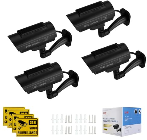 Madlife Garage 4PCS Schwarz Alarmanlage Haus Attrappe Dummy Solarbetriebene Kamera Überwachung Aussen Fake Kamera Attrappe Außenbereich mit Realistischem Rotem Blinklichtsensor und Warnaufkleber