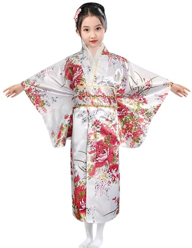 Kimono Japonais Traditionnel pour Fille Bébé Enfant Robe avec Obi Set Tenue Cosplay Festival Anniversaire Photographie Costume Asiatique Été Léger Élégant Décontracté Robe (A02-White, 7-8 Years)