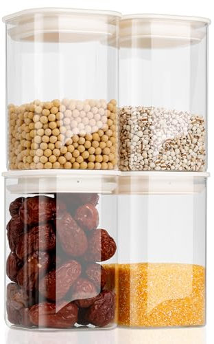 VINATO Set de 4 Botes de Cristal con Tapa (4 x 1,1L) – Tarros Herméticos Cuadrados para Harina, Especias, Cereales & Café, Almacenaje Cocina, Lavables en Lavavajillas