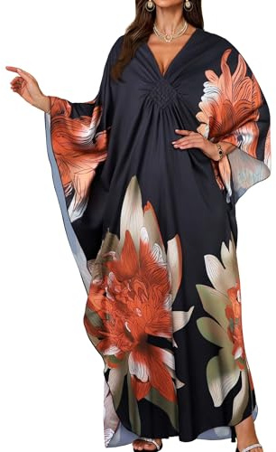 JILUVIN Kaftan Dresses for Women Plus Size V Neck Caftans Long Batwing Sleeve Beach Cover Ups Summer Floral Print Dress 2026 (Orange Green Floral,One Size)