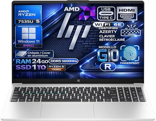 HP 255R G10 Ordinateur Portable AMD Ryzen 5 7535U 4.55 GHz, RAM 24Go DDR5, SSD 1To, Écran 15.6 FHD, Châssis Aluminium, WiFi6E, Caméra 1080p, Clavier AZERTY Rétroéclairé, Empreinte Digitale, Win11 Pro
