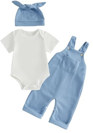 Haomibacu Infant Baby Boys 3Pcs Outfits Romper Waffle Dungarees Hat | 0-18M Infant baby boys summer clothing solid color short sleeve romper waffle overalls short pants with a beanie hat