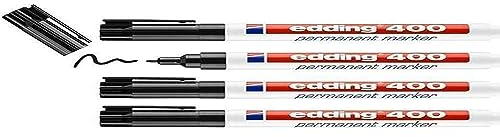 edding 400 Permanentmarker - schwarz - 4 Stifte - feine Rundspitze 1 mm - wasserfest, schnell-trocknend - wischfest - für Karton, Kunststoff, Holz, Metall, Glas