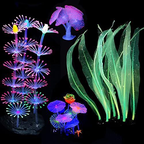 Podazz 4 Packs de Décorations Lumineuses pour Aquarium, Décorations pour Aquarium avec Simulation de Corail Champignon et Corail Plume, Décor en Silicone pour Le Bocal à Poissons