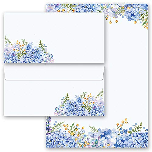 Briefpapier Sets Blumen & Blüten, BLAUE HORTENSIEN 100 Blatt Briefpapier + 100 passende Briefumschläge DIN LANG ohne Fenster | Paper-Media