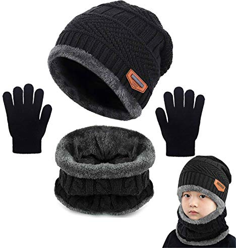 Yutdeng Cappello Sciarpa e Guanti Set Bambino Fodera in Pile Invernali Caldo Ragazzo Ragazza Berretto in Maglia con Sciarpa Scaldacollo Morbido Sci Outdoor Regalo Sport All'aria aperta Nero
