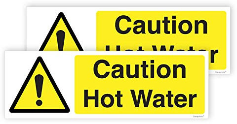 Pack of 2 Caution Hot Water Sign Self Adhesive (150 x 50 mm) Waterproof Caution Hot Water Stickers Sara Prints