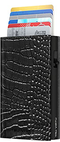 Tru Virtu® Karten-Portemonnaie Click & Slide I Kreditkartenetui I Kartenetui-RFID-NFC-Schutz I Geldbörse aus echtem italienischen Leder I Geldbeutel I Slim Wallet (Sleek Croco Black/Black)