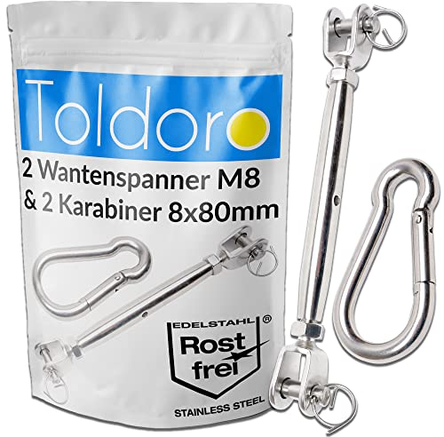 Toldoro® 2X Sonnensegel Spanner/Wantenspanner Edelstahl/rostfreie Sonnensegel Befestigung / 2X Seilspanner Sonnensegel M8 & 2 Karabiner 80mm / Befestigung für Sonnensegel, Abdeckplane oder Tarp