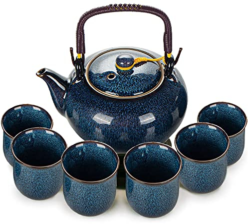 Webao Juego de té chino de cerámica, tetera de 600 ml y 6 tazas de 120 ml Kungfu Tetera asiática para los amantes del té, azul