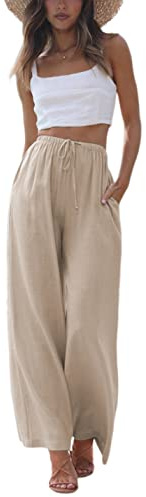 Faleave Women's Cotton Linen Summer Palazzo Pants Flowy Wide Leg Beach Trousers with Pockets(Khaki-L)