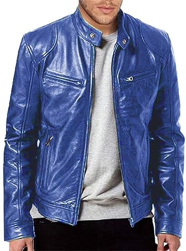 Chaquetas de Cuero para Hombres Vintage de Cuero PU Chaquetas de Cuero Sintético Simple para Motocicleta Chaqueta Bomber con Cremallera Cortavientos para Otoño Invierno, azul, XL