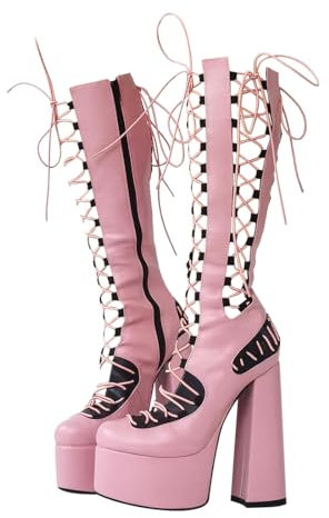 blingqueen Damen Schaftsandalen Plateau Blockabsatz Stiefel Lolita Schuhe Sandaletten Schwarz Pink 42 EU