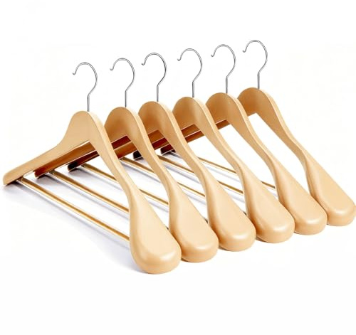 ManGotree Perchas de Traje de Madera Resistentes - Hombro Ancho Con Barra Antideslizante - Abrigo de Madera Maciza - Paquete de 6 (Natural)