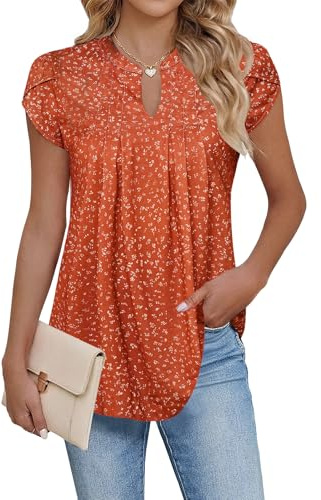 Cuptacc Chemisiers Femme Col en V Élégant Tops Ete Rouge Floral S 34-36