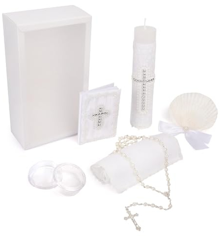 5 PCS Baptism Candle Sets for Boys and Girls,White Baptism Kit Catholic Candl,Towel,Shell,Rosary andBible for Baptismal Christening First Communion Gift,Velas para Bautizo De Niño o Niña