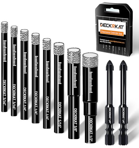 DECKRKAT 10-Piece Dry Diamond Drill Bits & TileDrill Bits - 3/16(x2), 1/4(x3), 5/16, 3/8, 1/2 + 1/4(x2) Masonry Bit for Tile,Ceramic, Porcelain,Marble,Granite.