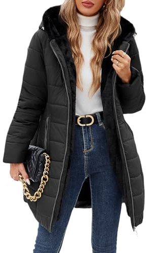 CMTOP Chaqueta Mujer Invierno Cálido Abrigo Acolchado Mujer Forro Polar Chaqueta Cremallera Largo con Capucha Termico Abrigo Casual Elegante Cazadora Hoodie Parka con Bolsillos(Negro,L)