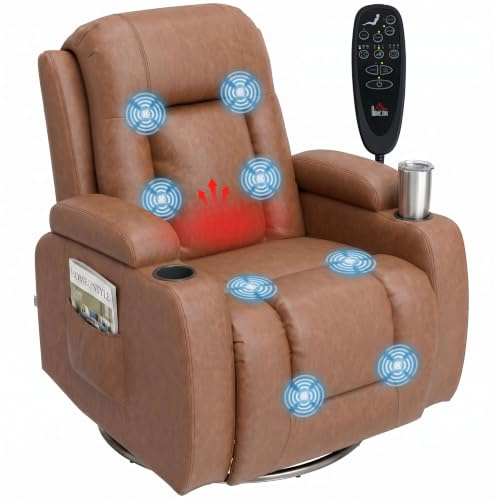 HOMCOM Poltrona Massaggiante Reclinabile Manuale 150° Riscaldante, 8 Punti Massaggio, Poltrona Relax Girevole Dondolo, Poggiapiedi, Telecomando/Portabicchieri/Tasche Laterali, Pelle PU, Marrone Chiaro