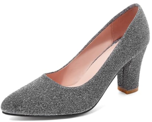 Eestfy Décolleté da Donna Scintillanti Tacco Alto Punta Affusolata Tacco Largo Slip-On per Feste Matrimonio e Occasioni Formali,Argento,35 EU