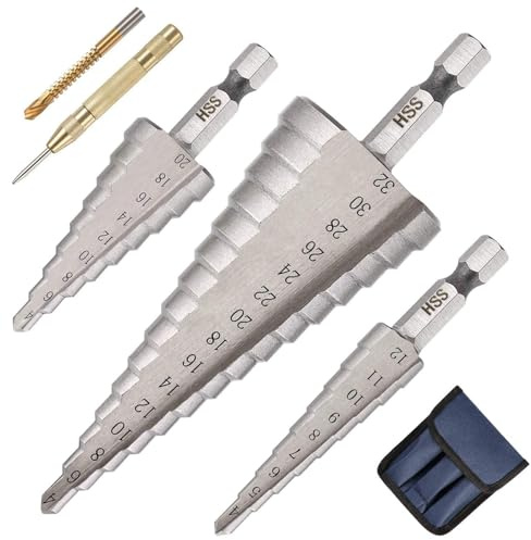 NUTKIT Broca Escalonada,3PCS Broca Cónica HSS Titanio,4-32/4-20/4-12mm,Con Punzón Automático Centrador y Brocas Helicoidal,para Taladrar con Destornillador en Acero,Madera Latón,PVC,Aluminio(Plata)