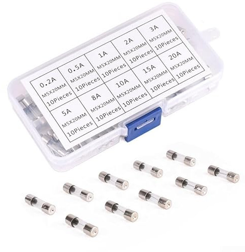 Kit de fusibles eléctricos de tubo de vidrio de 5 x 20 mm, 100 unidades, tipo de acción rápida con rango de amperios 0,2 A, 0,5 A, 1 A, 2 A, 3 A, 5 A, 8 A, 10 A, 15 A, 20 A, para sistemas de 12 V a