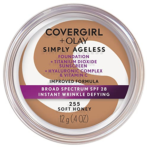 COVERGIRL Simply Ageless Instant Wrinkle Defying Foundation, SPF 28, Hyaluronic Complex & Vitamin C - 255 Soft Honey, Pack of 1
