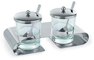 Parmesan/mylelader Menage av rostfritt stål/behållare av glas – med två skedar i rostfritt stål/2 x 0,20 liter, mått: 22,5 x 10 cm