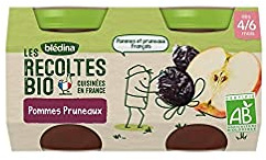 Blédina - Les Récoltes Bio - 2 petits pots pour les repas et desserts de bébé - Pommes Pruneaux - dès 4/6 mois (Lot de 12)