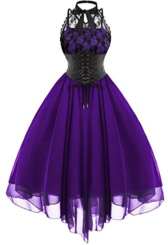 Tomwell Halloween Robe Femmes Noir Corsages Taille Gothique Corset Longue Bouffante Blouse Corset Haut Robe Sexy Dentelle Jupe Longue Steampunk Robe Cosplay Costume Mariée Fantôme Robe A Violet XL