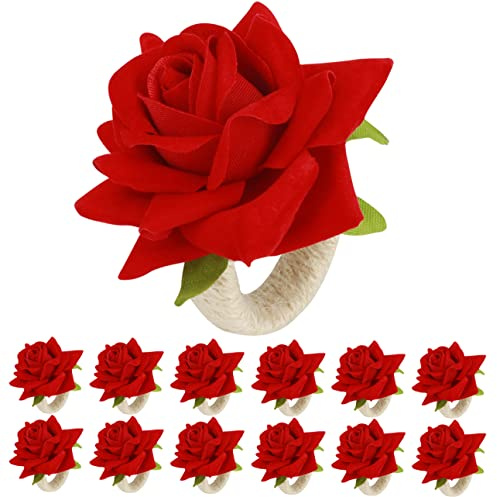 HuaLiSiJi Servilleteros de Flores, 12Piezas Servilleteros Individuales Anillos Servilletas Navidad para Boda, Fiesta, Hotel, Restaurante, Decoración de Mesa (Rojo)