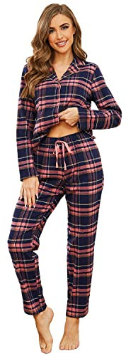 Mnemo Home Damen Schlafanzug Lang Flanell Pyjama Damen 100% Baumwolle aus Flanell (Blaues Pulver mit Golddraht, M)