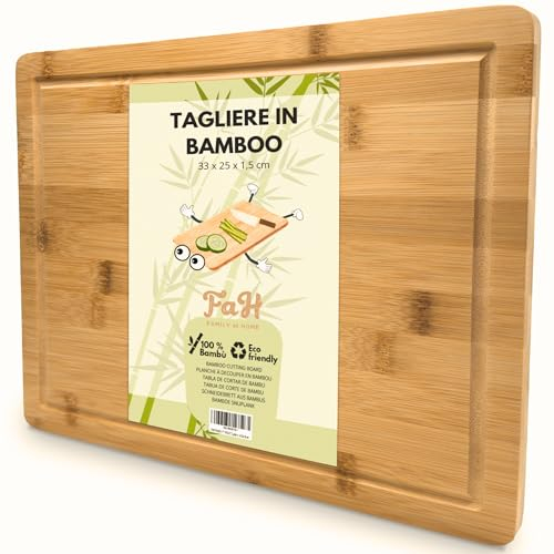 FAH - Tagliere Professionale in Bamboo da Cucina, Medio in Legno Naturale Antibatterico per Tagliare Carne, Formaggi, Pane, Aperitivo