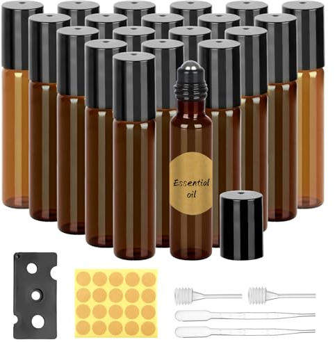 Essential Oils Roller Bottles, 20pcs Roll on Bottles with Stainless Steel Ball, 10ml Glass Roller Bottles with Bottle Opener, Dropper, Pipette, Label for Essential Oil, Fragrance, Aromatherapy (Brown)