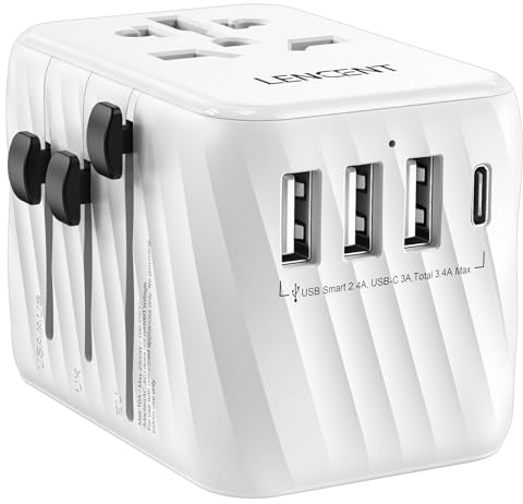 LENCENTE Adattatore Universale da Viaggio, Spina da Muro con 3 USB A e 1 PD Tipo C, Presa AC da Parete per Viaggio in Tutto il Mondo per UE a UK, AUS, AUS (Spina di Tipo C/G/A/I) -Bianco