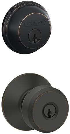 Schlage FB50 N V BWE 716 Single Cylinder Deadbolt and Keyed Entry Bowery Knob, Aged Bronze