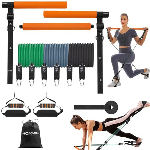 Hommie Pilates Bar Set mit 6 Latex Widerstandsbändern 20-220lbs & Türanker - Verstellbare Länge Fitnessbänder für Zuhause Für Männer und Frauen mit Einer Körpergröße von 150-180cm geeignet