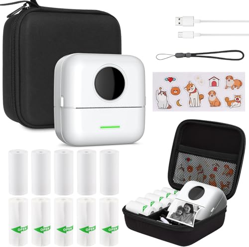 Mini Drucker mit Tasche, Mini Etikettendrucker Tasche Tragbarer Mini Fotodrucker 10 Rollen Druckerpapie Bluetooth Fotodrucker Thermodrucker für Lernhilfe Lernnotizen Journal Memo (White with Bag)
