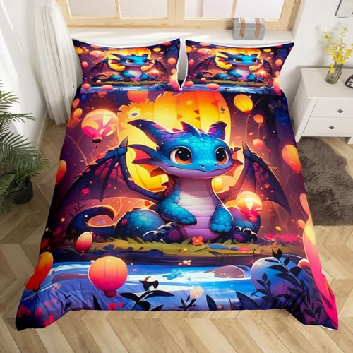 Homewish Housse de Couette 220x240 Enfant Dragon de Dessin Animé, Parure de Lit Ballon Mignon, Sets de Housses de Couettes Mignon Dragon Occidental, Couvre Lit Animaux Sauvages de La Jungle