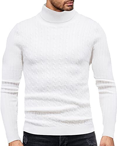 Fastkoala Hommes Pulls Col roulé Pullover Chaud Basique Jumper Tricot Cardigan Tops Régulier Slim Fit Blanc L