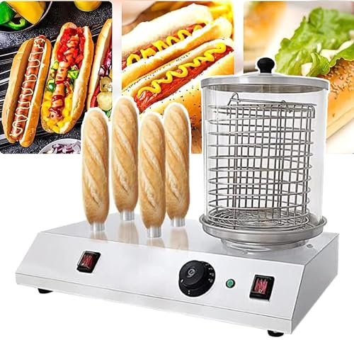 Máquina para Asar Salchichas a la Parrilla eléctrica, máquina para Hacer Perritos Calientes, máquina para Calentar panecillos, con Cubierta de Vidrio Desmontable y Varilla de Aluminio para Calentar