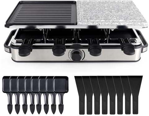 Raclette-set för 8 personer – bordsgrill inkl. stekpannor och skrapa – grillplatta och stenplatta non-stick beläggning – kantig