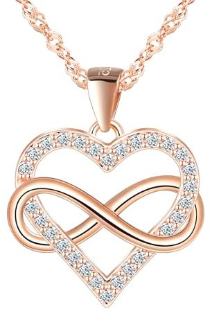 CONILOK Collier Cœur à l'infini pour Femme en Argent 925 Zircon Cœur Pendentif Collier Bijoux de Mode Brillant Or Rose Chaîne avec Amour Eternel Pendentif Cadeau pour Fille Amie Epouse Maman Sœur