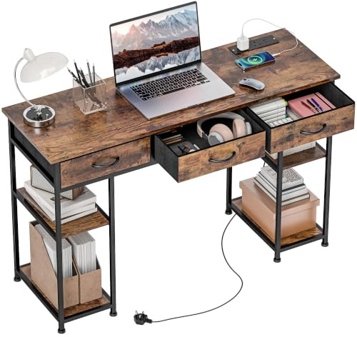 HOMCOM Wood Computer Desk with Drawers, Power Outlets 120cm Rustic Brown | 4 Storage Shelves, Study Table Workstation, for Bedroom